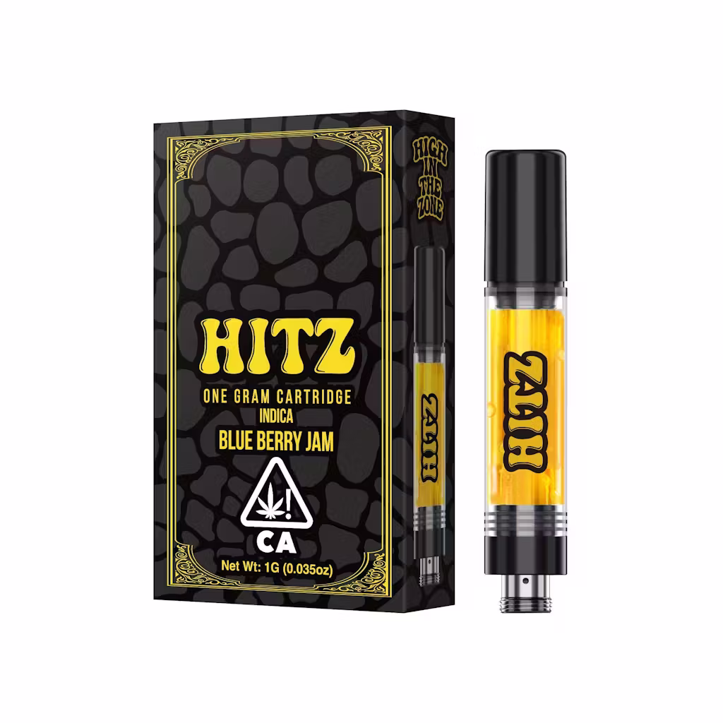 Premium 1g Hitz Blueberry Jam cartridge featuring a 78.8% THC vape extract and rich blueberry flavor designed to keep you high in the zone.