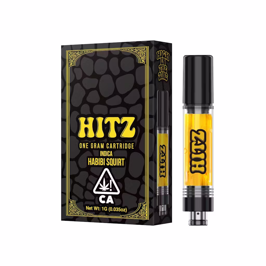 Premium 1g Hitz Habibi Squirt cartridge, an 81.4% THC vape with a vibrant blueberry flavor to keep you high in the zone