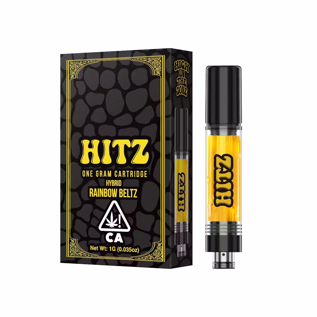 Premium 1g Hitz Rainbow Belts cartridge, a 77.2% THC vape with a vibrant blueberry flavor designed to keep you high in the zone.