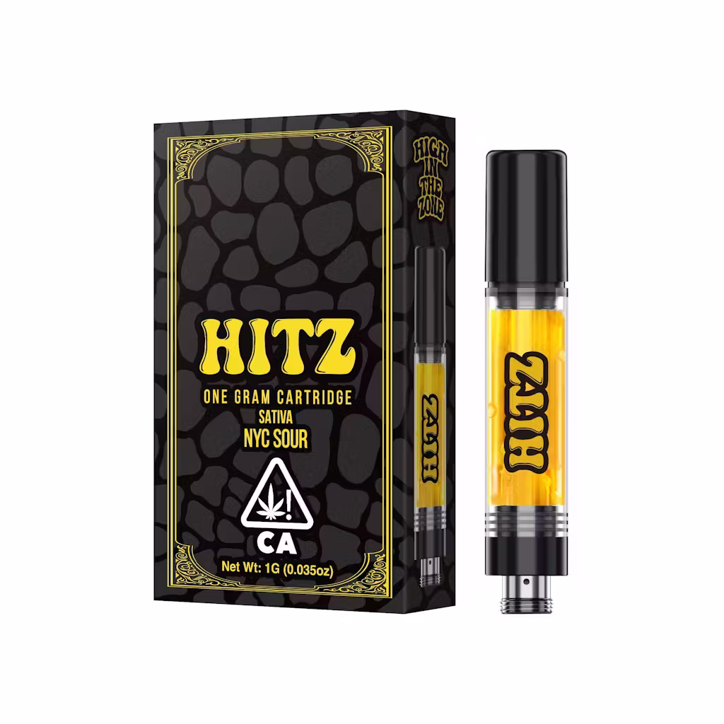 Premium 1g Hitz NYC Sour cartridge, an 81.2% THC vape with a vibrant sour blueberry flavor to keep you high in the zone.